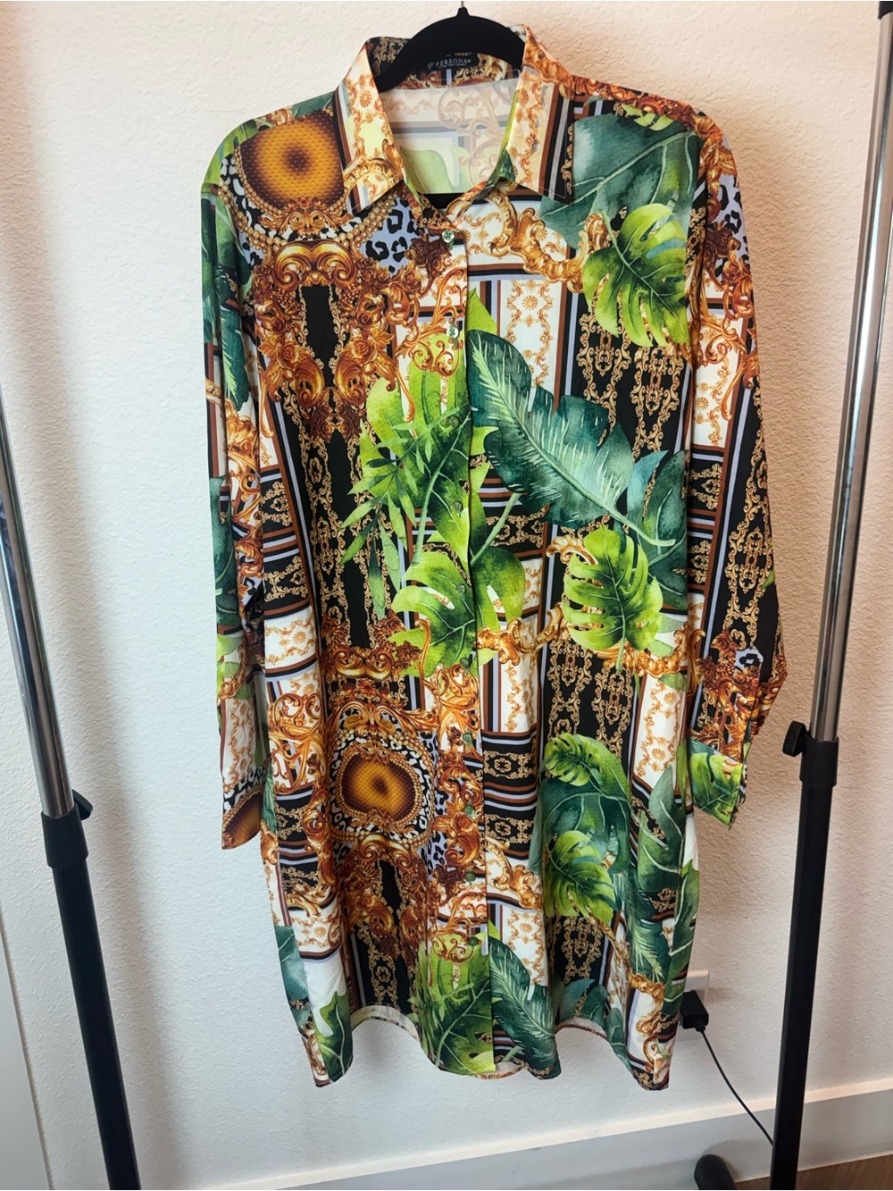 Persona Tropical Baroque Button-Up Blouse | Green & Gold | Statement Print